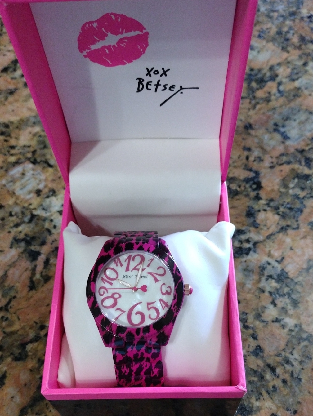 Betsey Johnson Hot Pink & Black Leopard Metal Watch